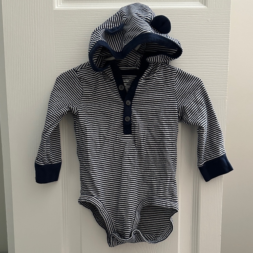 Carter's Black and White Striped bear Hooded Bodysuit